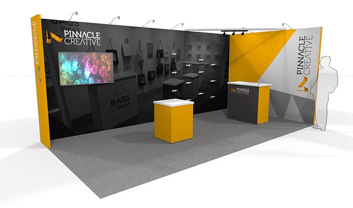 a visual of a tension fabric exhibition stand package including a display pod, shelving, a tv and reception desk