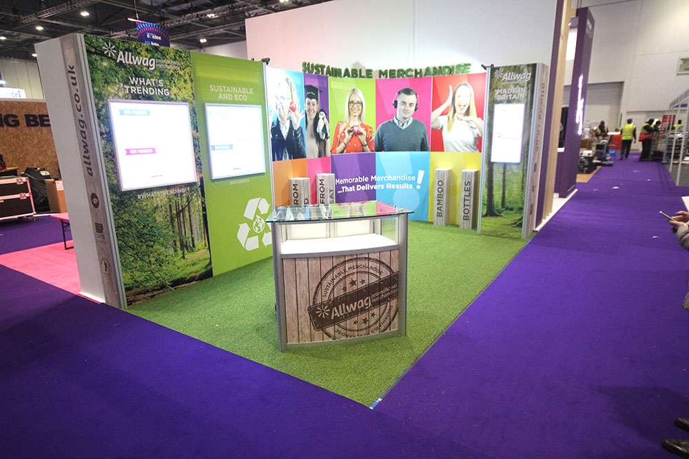 Allwag Exhibition Stand at Confex, London ExCeL, Featuring curved tension fabric graphics, lockable product displays and a reception desk