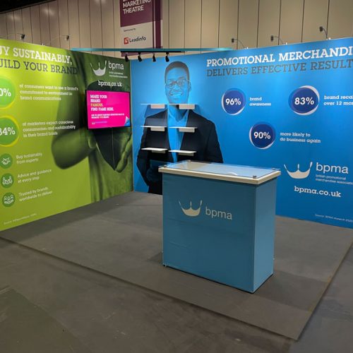 BPMA Eco-Friendly Tension Fabric Exhibition Stand, with magnetic floating shelves and a 49" TV and small reception counter